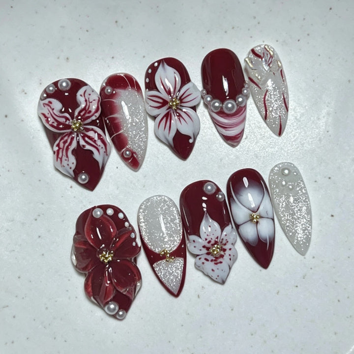 Decorative Press-On Nail Set with Floral and Gemstone Accents