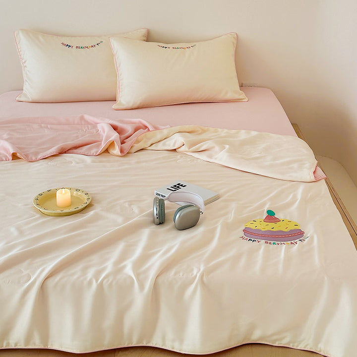 Children's satin bedding set with embroidered bunny moon and silky reversible throw