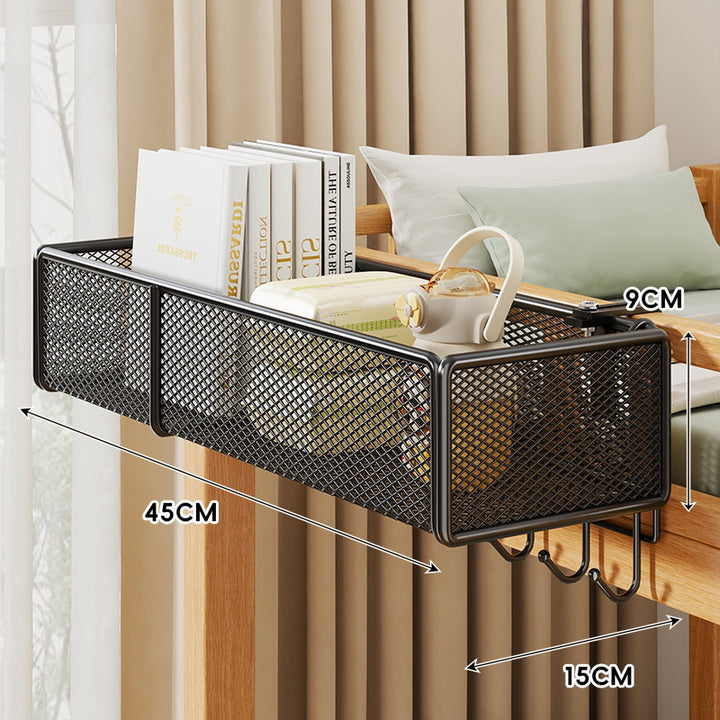 Clamp-On Mesh Bedside Rail Organizer Shelf with Multi Hooks