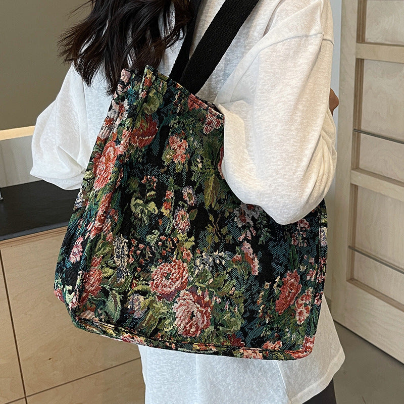 Floral Embroidered Tapestry Tote Bag