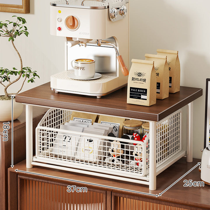 Countertop Wooden-Top Sliding Mesh Storage Basket Organizer with Metal Frame