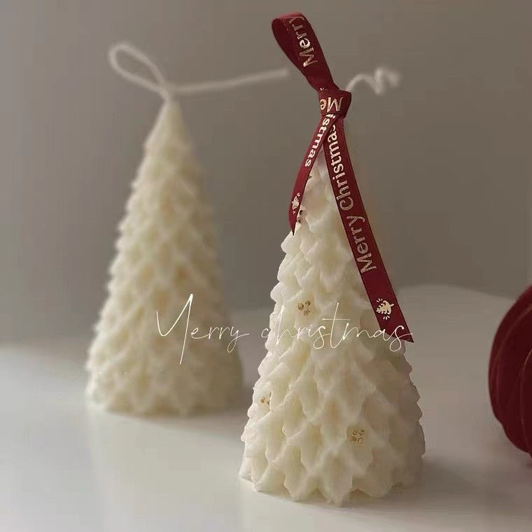 Sculpted Pine Tree Decorative Pillar Candle with Layered Needle Texture
