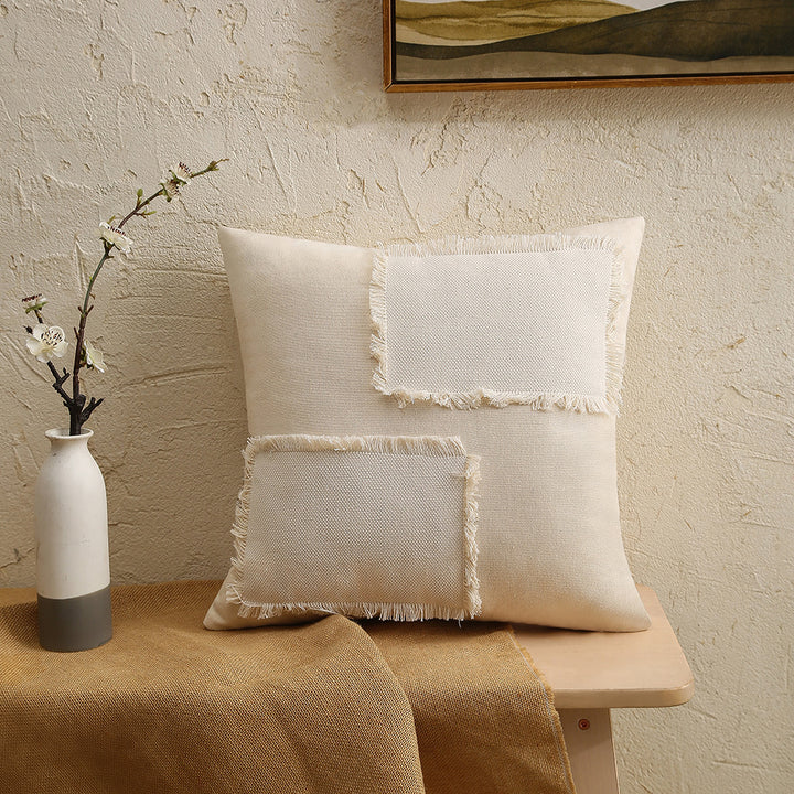 Fringed Patchwork Linen-Blend Square Decorative Throw Pillow Cover