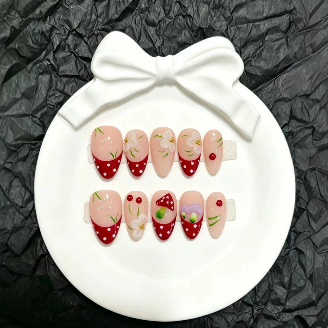 Artistic Press-On Nail Art Set with Floral and Fruit Accents