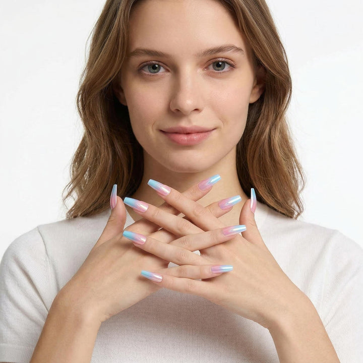 Artificial nails in modern glitter gradient design Kalsten