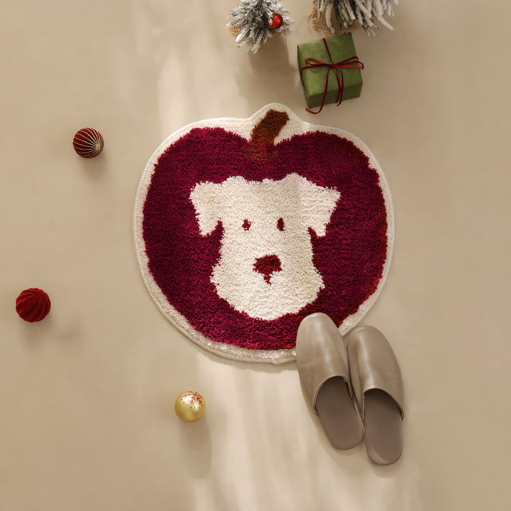 Apple-shaped tufted doormat carpet with dog motif and non-slip backing Kalsten