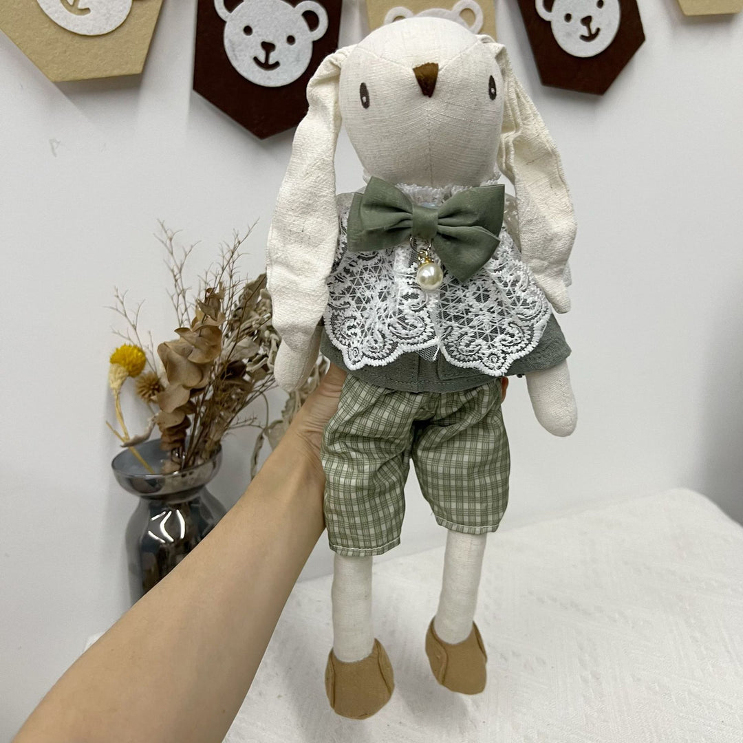 Handcrafted Linen Bunny Doll with Lace Collar and Pearl Bow Charm