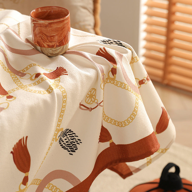 Rectangular decorative tablecloth with cord and tassel pattern as well as contrasted hem edge Kalsten