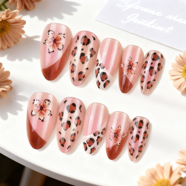 Artistic Press-On Nail Art Set with Floral and Leopard Designs