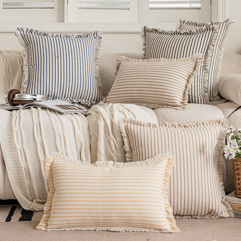 Square Coastal-Stripe Fringed Accent Pillow Cover with Hidden Zip and Textured Weave