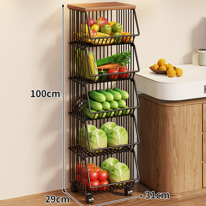 Compact Triple-Tier Rolling Wire Vegetable and Fruit Storage Cart with Wooden Top