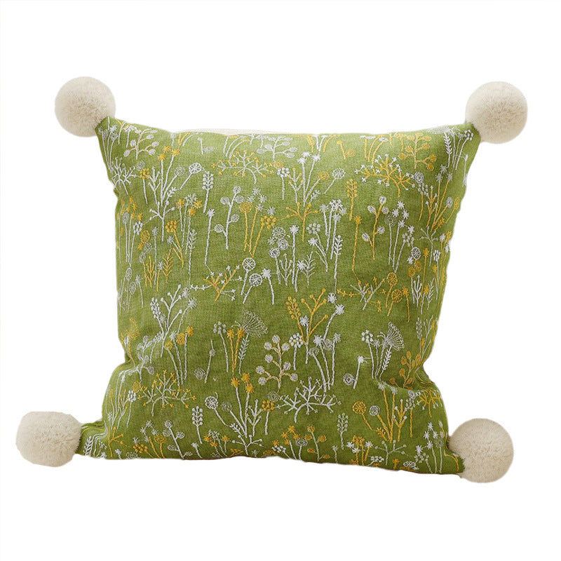 Hand-Embroidered Wildflower Velvet Decorative Pillow Cover with Plush Pom-Pom Corners