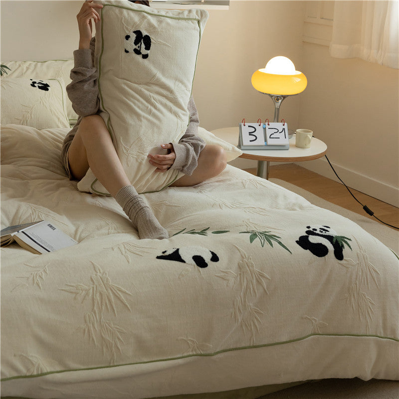 Cotton duvet cover set with relief bamboo and panda tufting