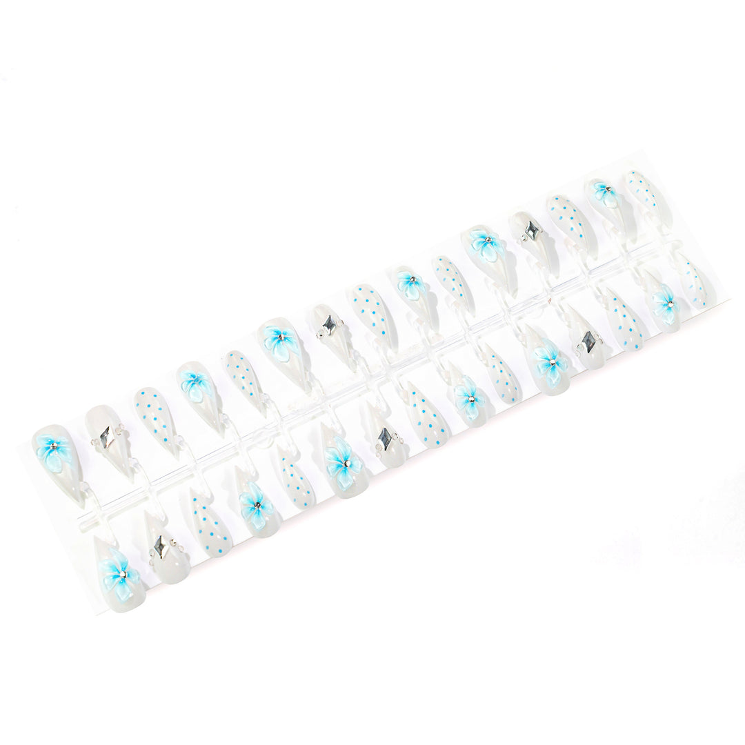 Decorative Press-On Nail Set with Floral and Gemstone Designs