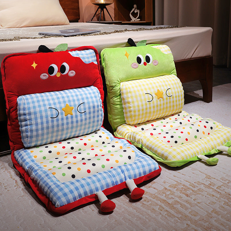 Padded child seat cushion with backrest, neck roll and non-slip fastening straps