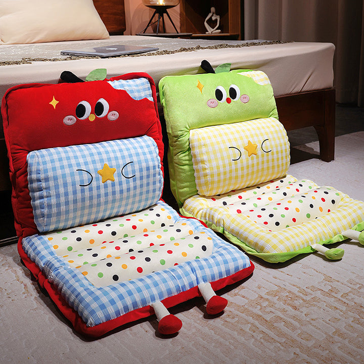Padded child seat cushion with backrest, neck roll and non-slip fastening straps