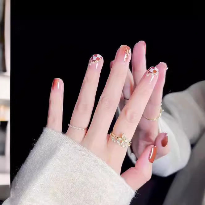 Artistic Press-On Nail Set with Checkerboard Design