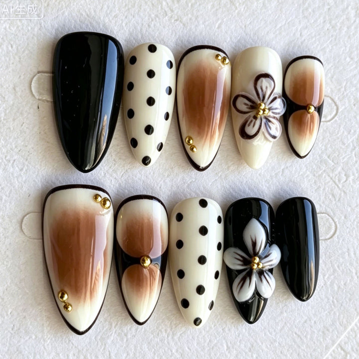 Artistic Press-On Nail Art Set with Floral and Polka Dot Designs Kalsten