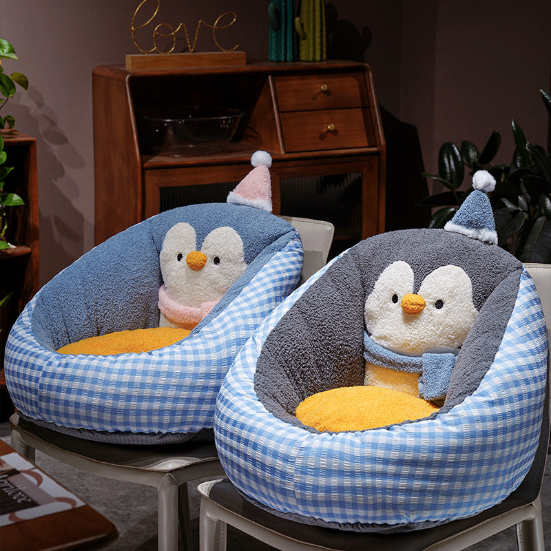 Cozy pet bed with plush penguin back support and ergonomic cuddle pillow