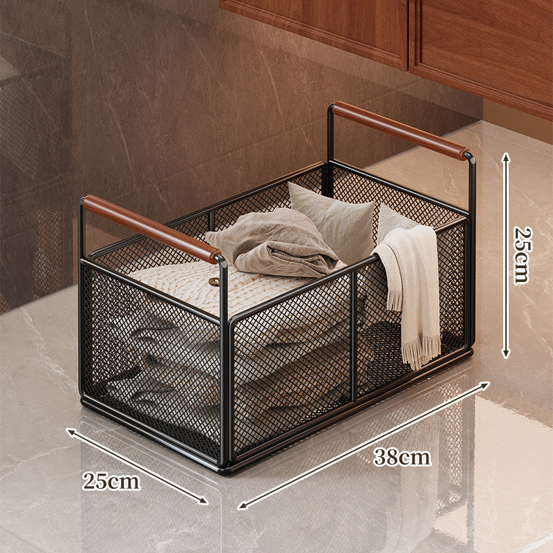 Rectangular Ventilated Metal Mesh Storage Basket with Wooden Grip Handles