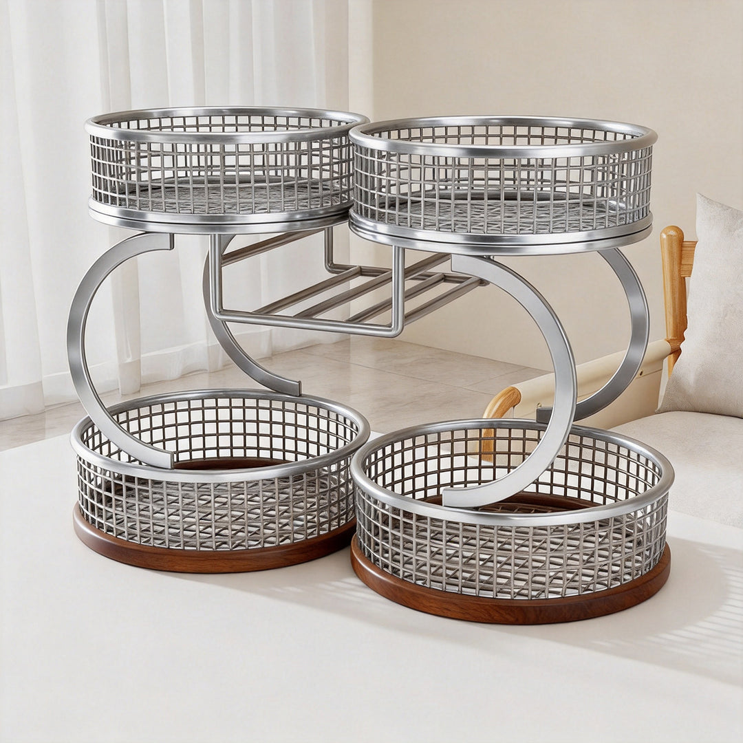 Multi-Level Spiral Metal Fruit and Produce Storage Stand with Mesh Baskets and Tissue Box Shelf
