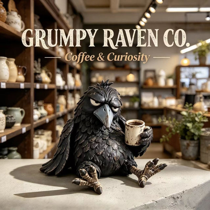 Quirky Raven Sculpture with Coffee Cup Kalsten