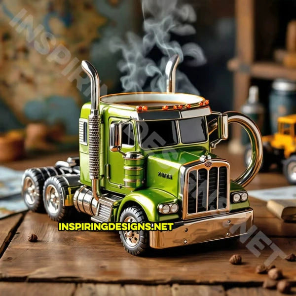 Novelty Ceramic 3D Semi Truck Coffee Mug With Sculpted Chrome Exhaust Handle