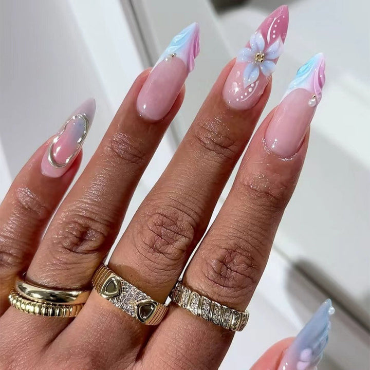 Artificial nails with flower pattern and glamorous accents Kalsten
