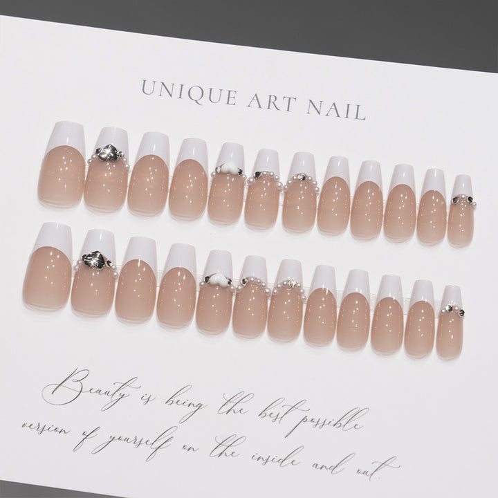 Decorative Press-On Nail Art Set with Heart and Rhinestone Accents