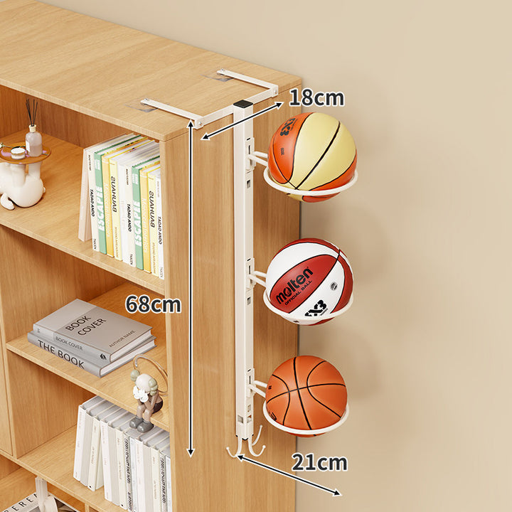 Multi-Ball Vertical Over-Shelf Sports Ball Organizer with Circular Cradles and Hook Storage