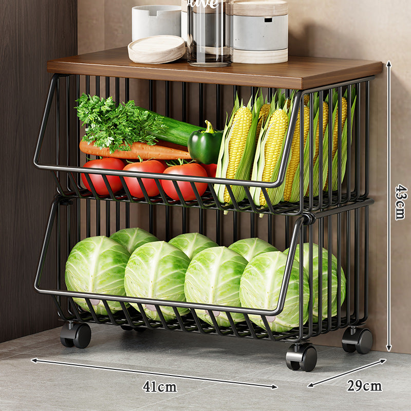 Multi-Tier Rolling Kitchen Pantry Cart with Wood Top and Deep Wire Storage Baskets
