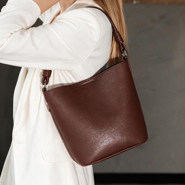 Structured Leather Shoulder Bucket Bag with Knotted Strap