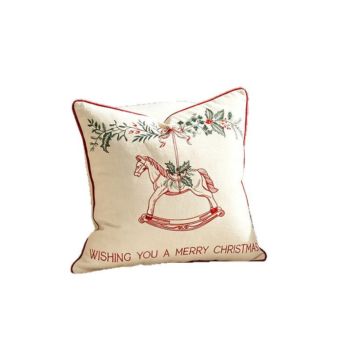 Embroidered Rocking Horse Square Linen Throw Pillow Cover with Festive Garland