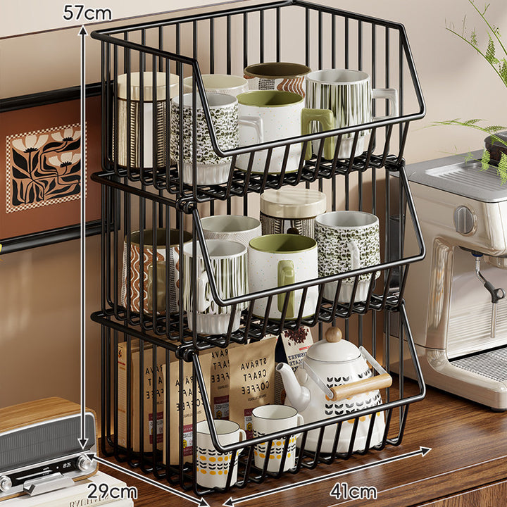 Four-Tier Tall Rolling Wire Pantry and Mug Storage Cart with Deep Slanted Baskets