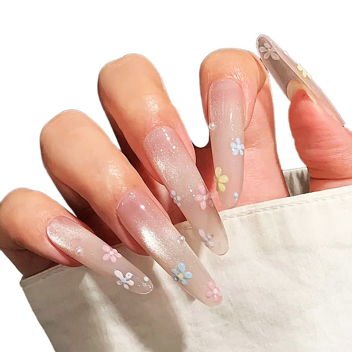 Long Acrylic Press-On Nails with Floral Embellishments Kalsten