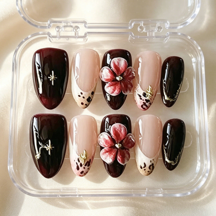 Artistic Press-On Nail Set with Floral and Leopard Accents