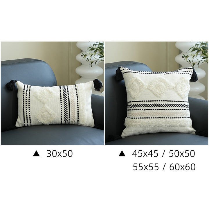 Rectangular Woven Lumbar Decorative Pillow with Tufted Diamonds and Tassels