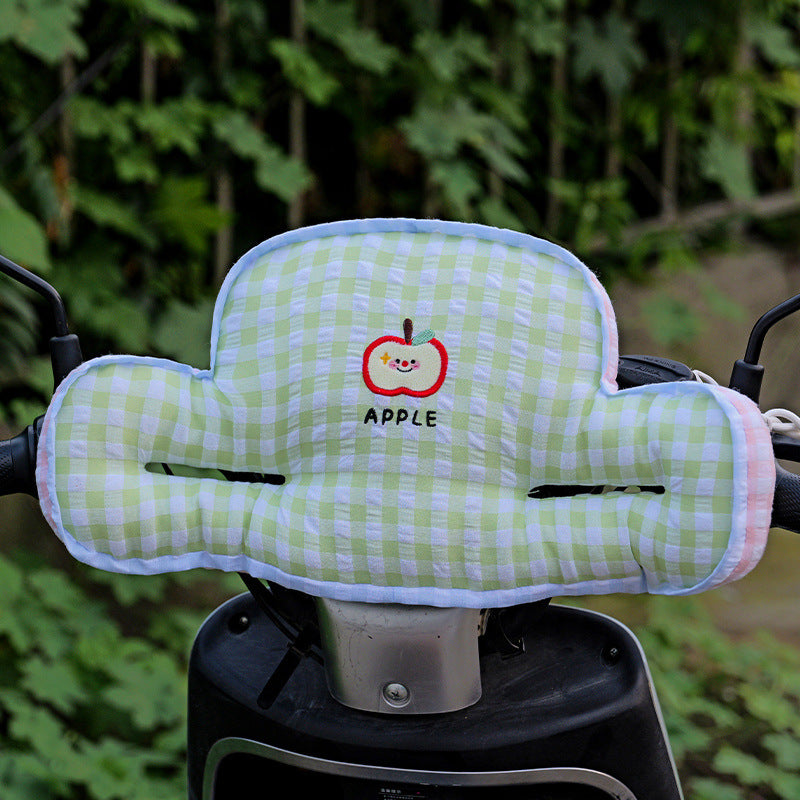 Padded child seat back cushion in apple plush design with side armrests