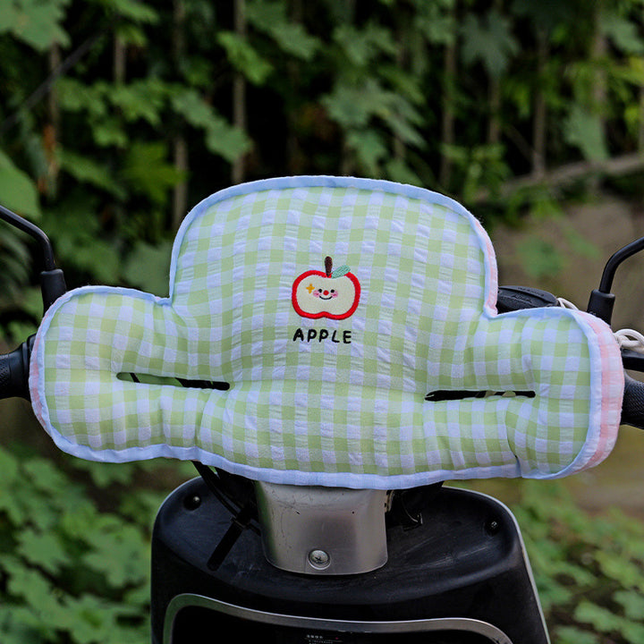 Padded child seat back cushion in apple plush design with side armrests