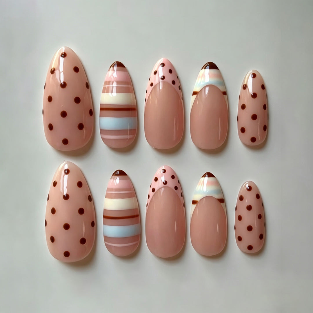 Artistic Press-On Nail Art Set with Playful Polka Dot and Striped Designs Kalsten
