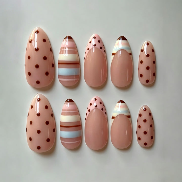 Artistic Press-On Nail Art Set with Playful Polka Dot and Striped Designs Kalsten