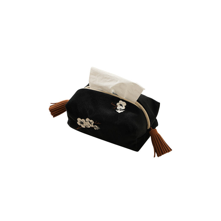 Elegant velvet handkerchief box cover with floral embroidery and tassels