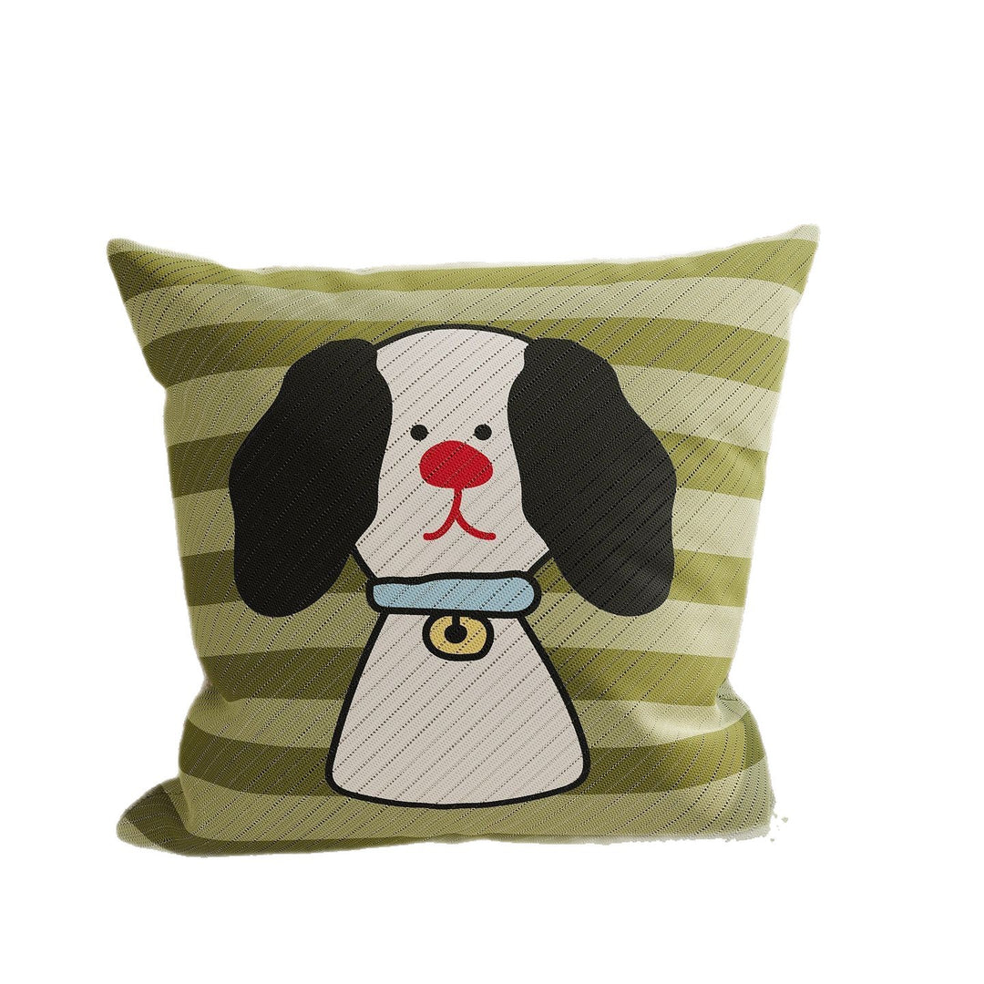 Striped Knit Lumbar Pillow Cover with Embroidered Cartoon Dog Accent