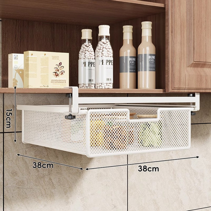 Under-Shelf Slide-Out Metal Mesh Pull-Out Storage Drawer with Adjustable Clamp