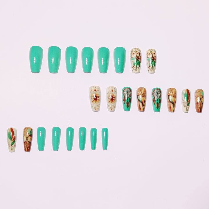 Creative artificial nails with floral and dreamcatcher design elements Kalsten