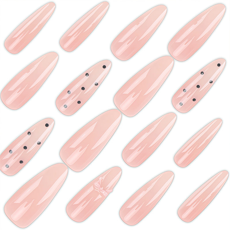 Elegant Press-On Nail Set with Chic Black Dots and Decorative Bow Kalsten
