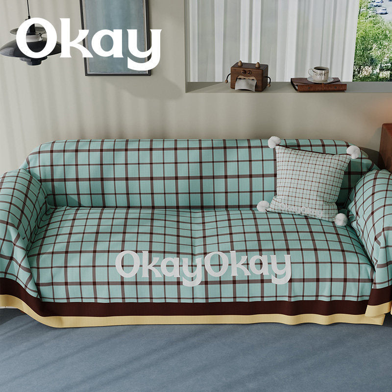 Reversible Plaid-Trim Sofa Slipcover and Throw Blanket Set