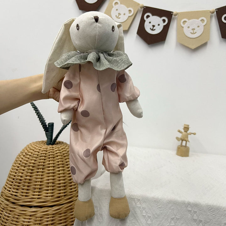 Handcrafted Linen Bunny Rag Doll with Long Ears and Gingham Dress