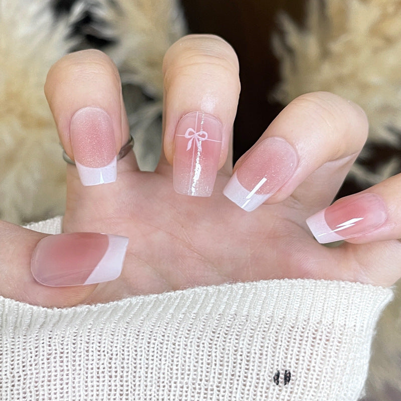 Elegant French Tip Press-On Nails with Bow Design Kalsten