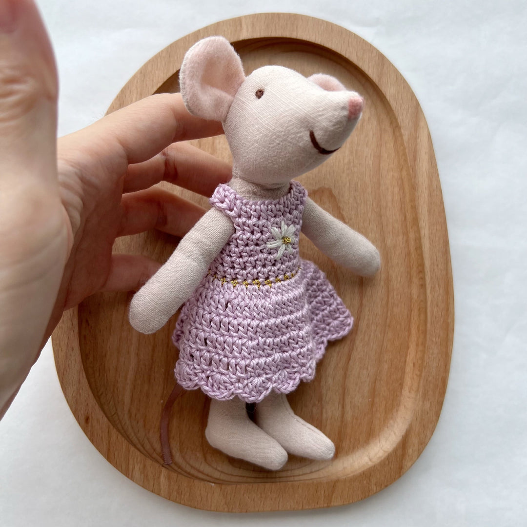 Handcrafted Linen Mouse Doll with Crocheted Dress and Embroidered Face